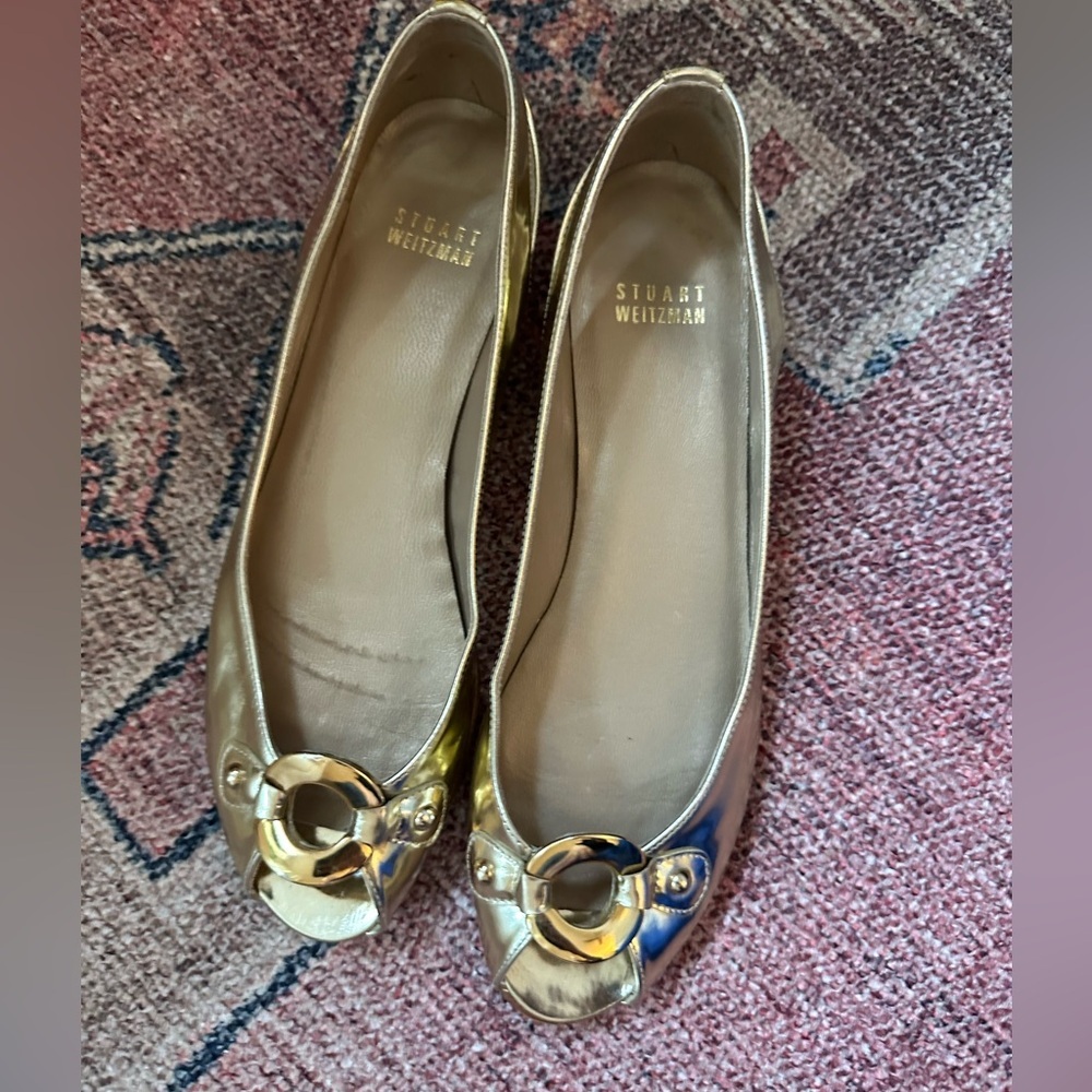 Stuart Weitzman Metallic Gold Peep Toe Flats - Picture 6 of 6
